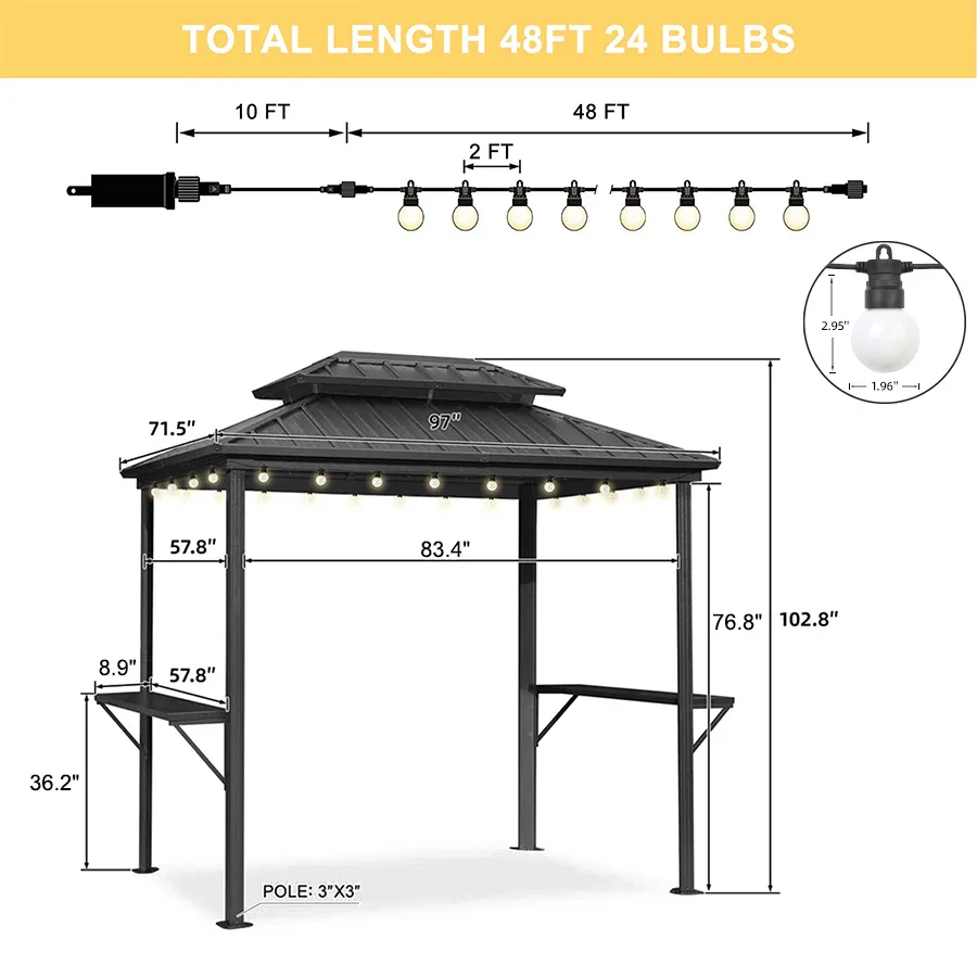 PURPLE LEAF Hardtop Grill Gazebo for Patio Grey Permanent Metal Roof Outside Sun Shade Outdoor BBQ Canopy with String Lights - Image 71