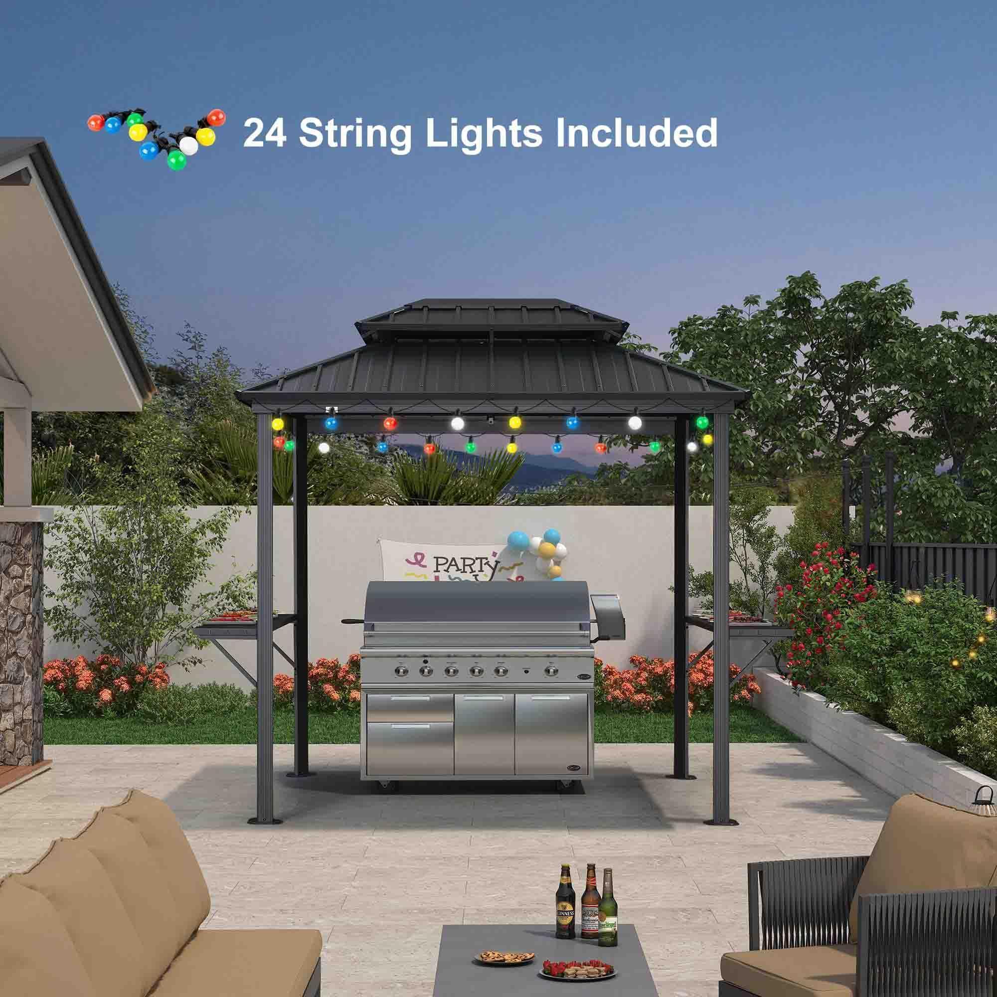 PURPLE LEAF Hardtop Grill Gazebo for Patio Grey Permanent Metal Roof Outside Sun Shade Outdoor BBQ Canopy with String Lights - Image 9