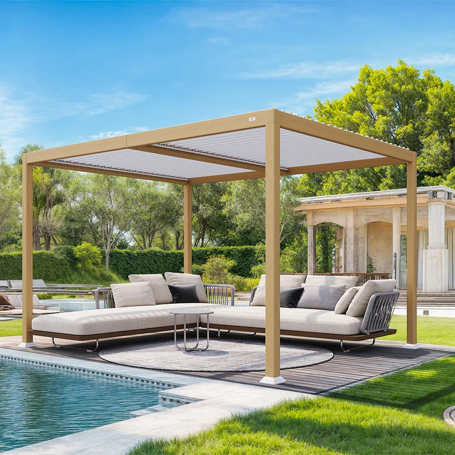 PURPLE LEAF Caesar Louvered Pergola Outdoor Wood Grain Aluminum Pergola with Adjustable Roof Patio Hardtop Gazebo for Backyard Garden - Image 23