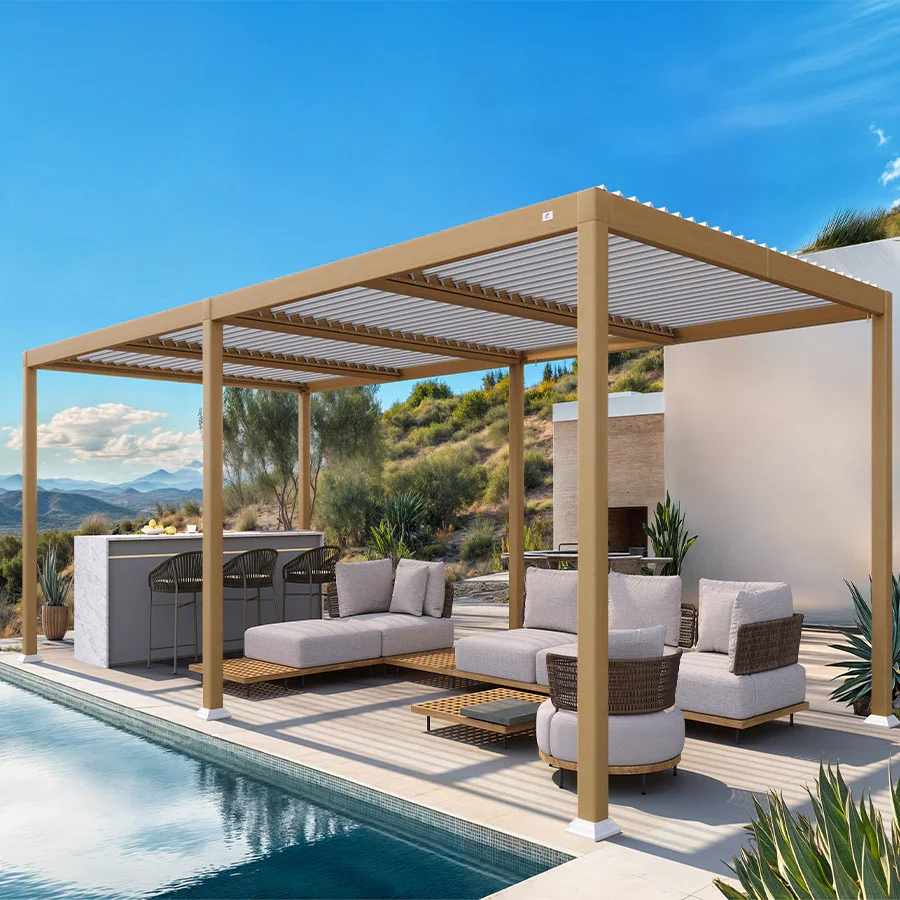 PURPLE LEAF Caesar Louvered Pergola Outdoor Wood Grain Aluminum Pergola with Adjustable Roof Patio Hardtop Gazebo for Backyard Garden - Image 25