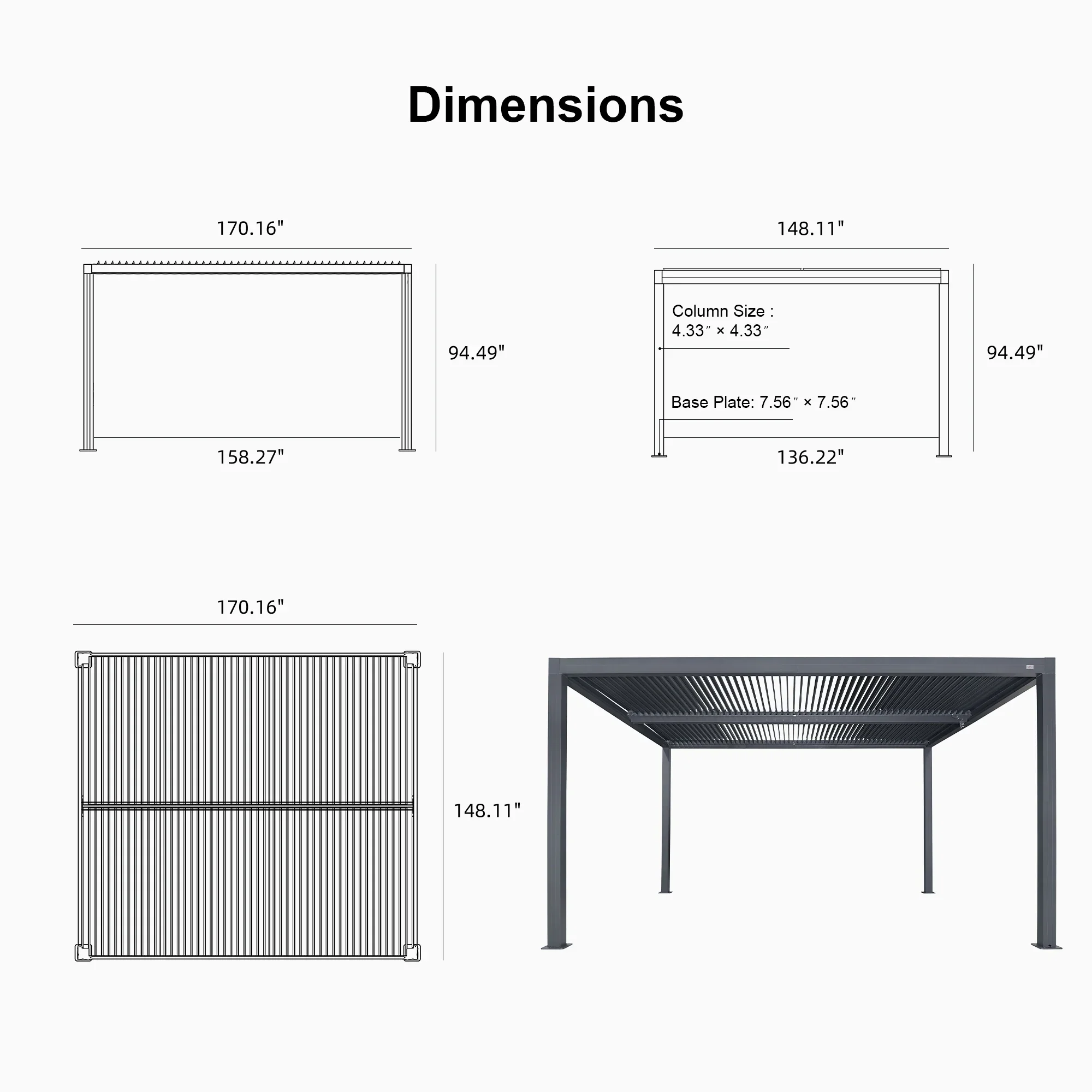 PURPLE LEAF Athena Louvered Pergola Grey Outdoor Aluminum Pergola with Roller Blind Adjustable Gazebo for Patio Deck Garden - Image 91