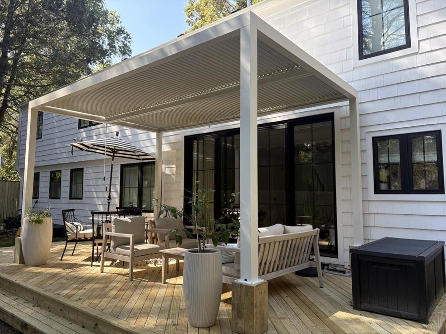 PURPLE LEAF Athena Louvered Pergola Modern White Pergola with Adjustable Roof for Deck Backyard Garden - Image 129