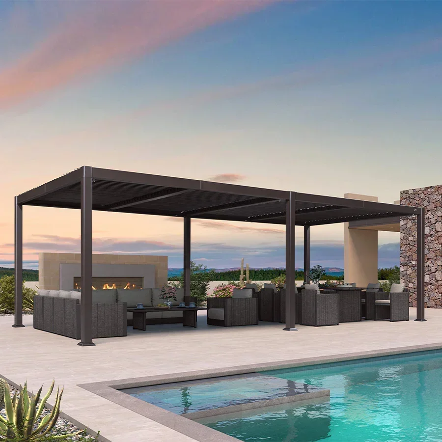 PURPLE LEAF Caesar Louvered Pergola Outdoor Adjustable Louvre Shade Modern Patio Aluminum Pergola with  Yellow Lights - Image 23