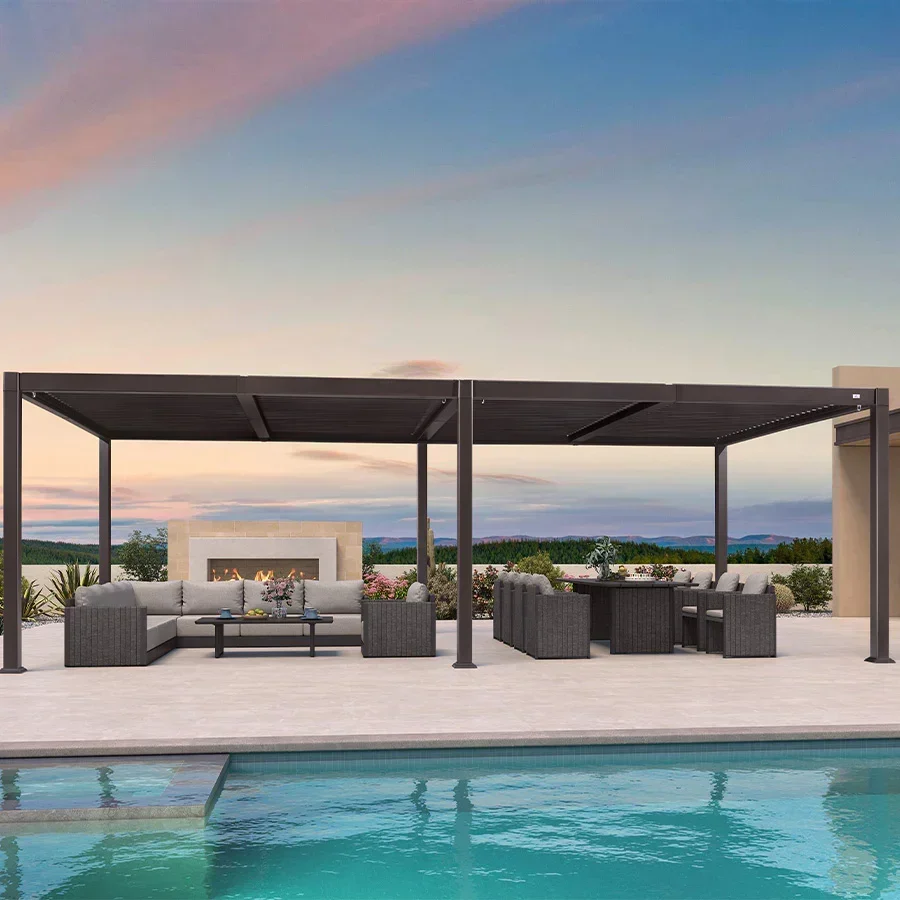 PURPLE LEAF Caesar Louvered Pergola Outdoor Adjustable Louvre Shade Modern Patio Aluminum Pergola with  Yellow Lights - Image 24