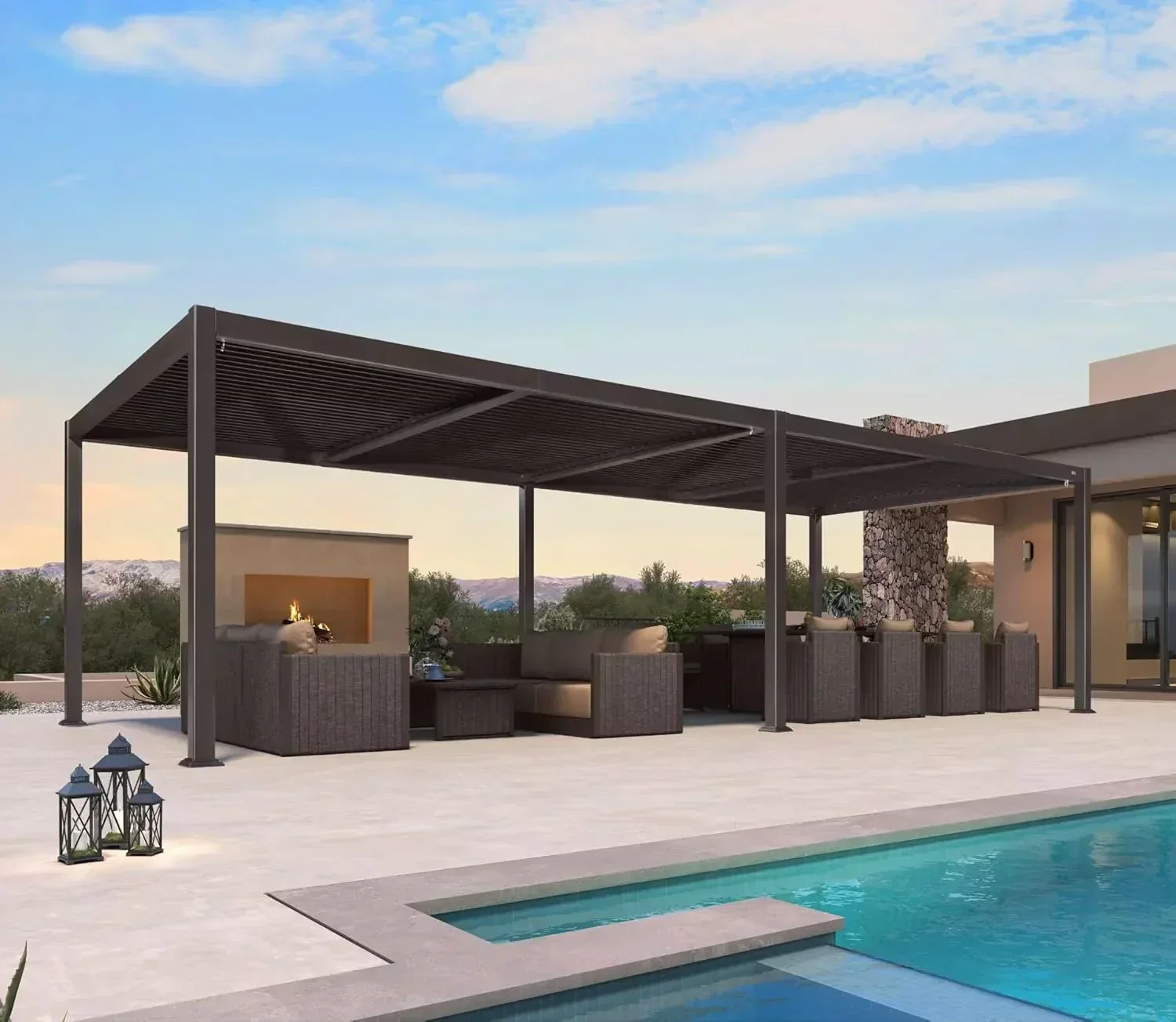 PURPLE LEAF Caesar Louvered Pergola Outdoor Adjustable Louvre Shade Modern Patio Aluminum Pergola with  Yellow Lights - Image 25