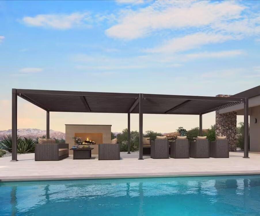 PURPLE LEAF Caesar Louvered Pergola Outdoor Adjustable Louvre Shade Modern Patio Aluminum Pergola with  Yellow Lights - Image 26