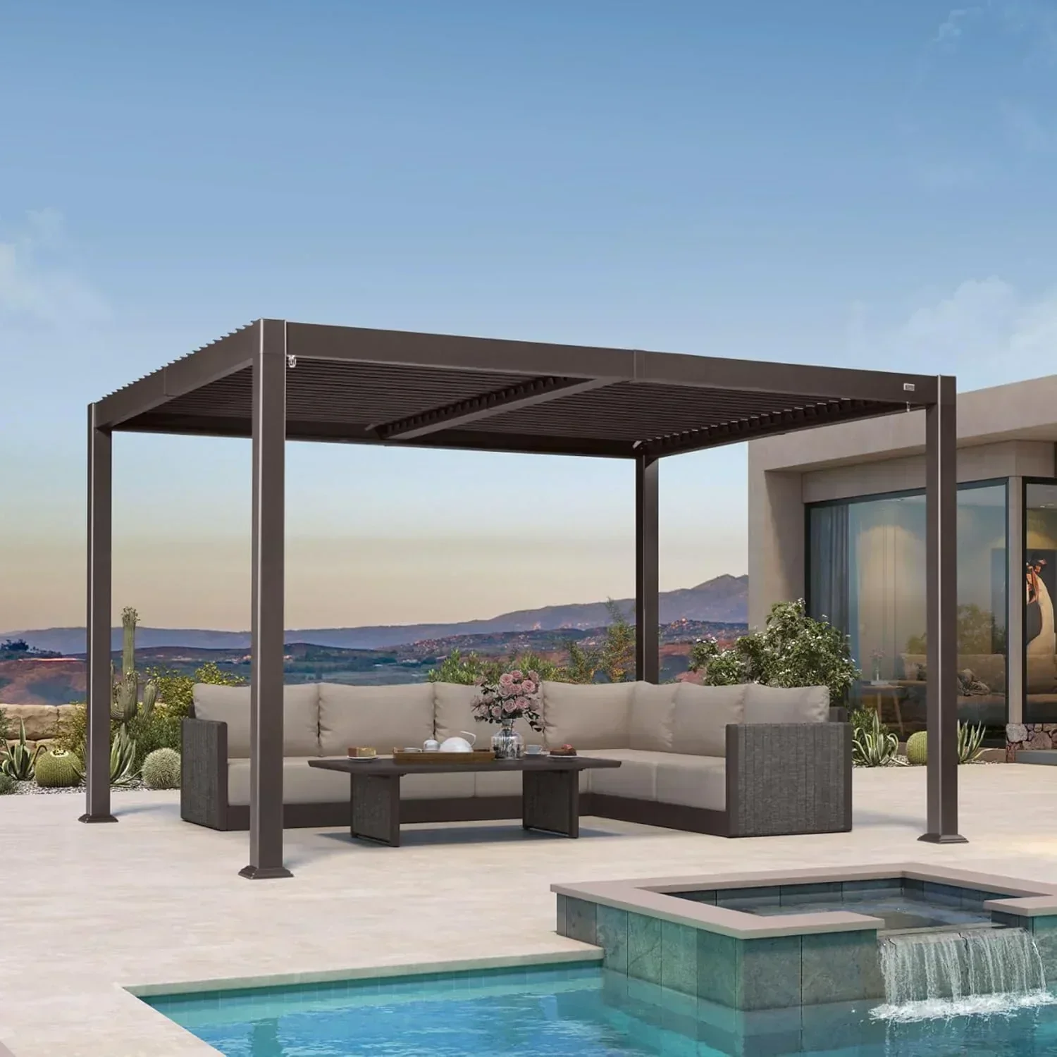 PURPLE LEAF Caesar Louvered Pergola Outdoor Adjustable Louvre Shade Modern Patio Aluminum Pergola with  Yellow Lights - Image 3