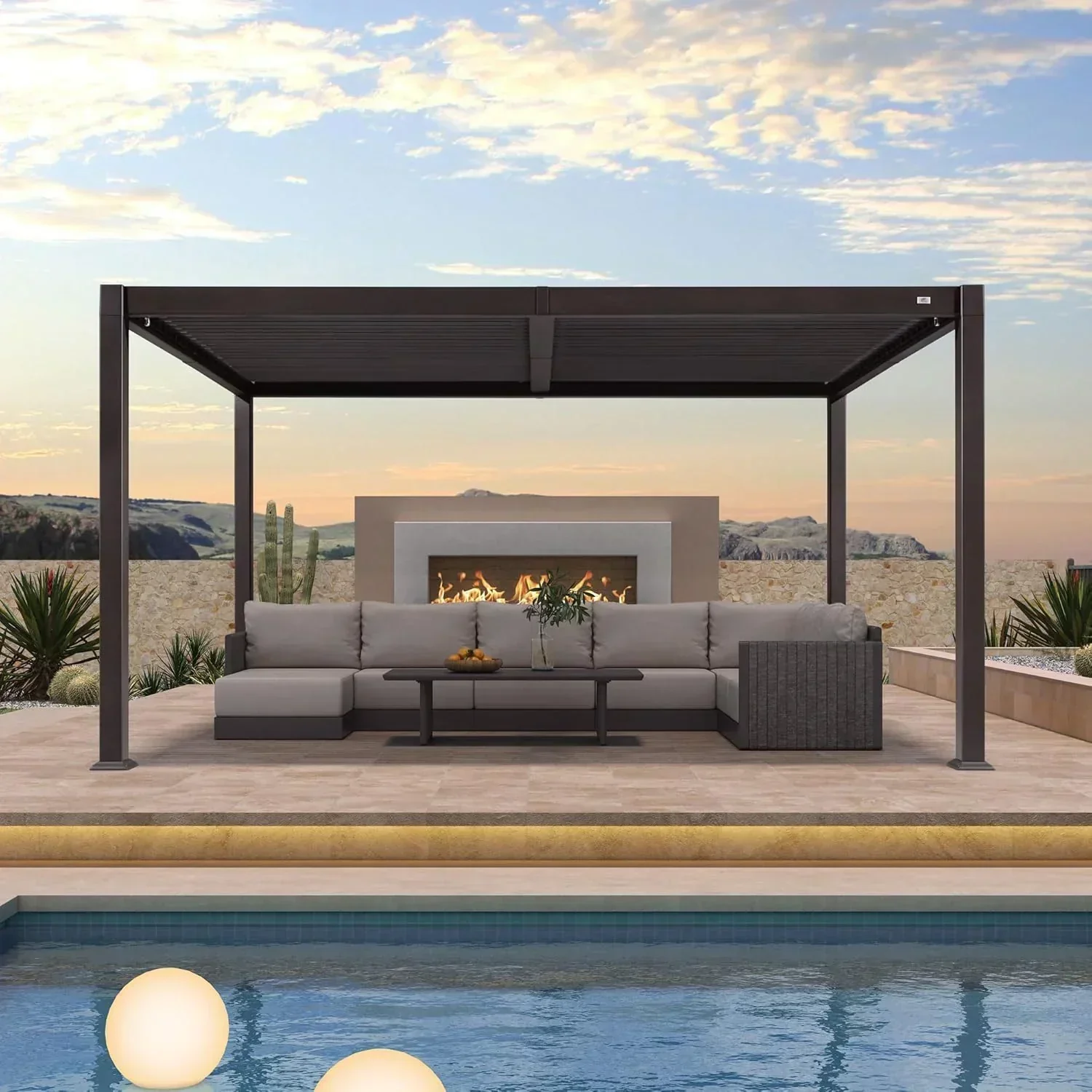 PURPLE LEAF Caesar Louvered Pergola Outdoor Adjustable Louvre Shade Modern Patio Aluminum Pergola with  Yellow Lights - Image 4