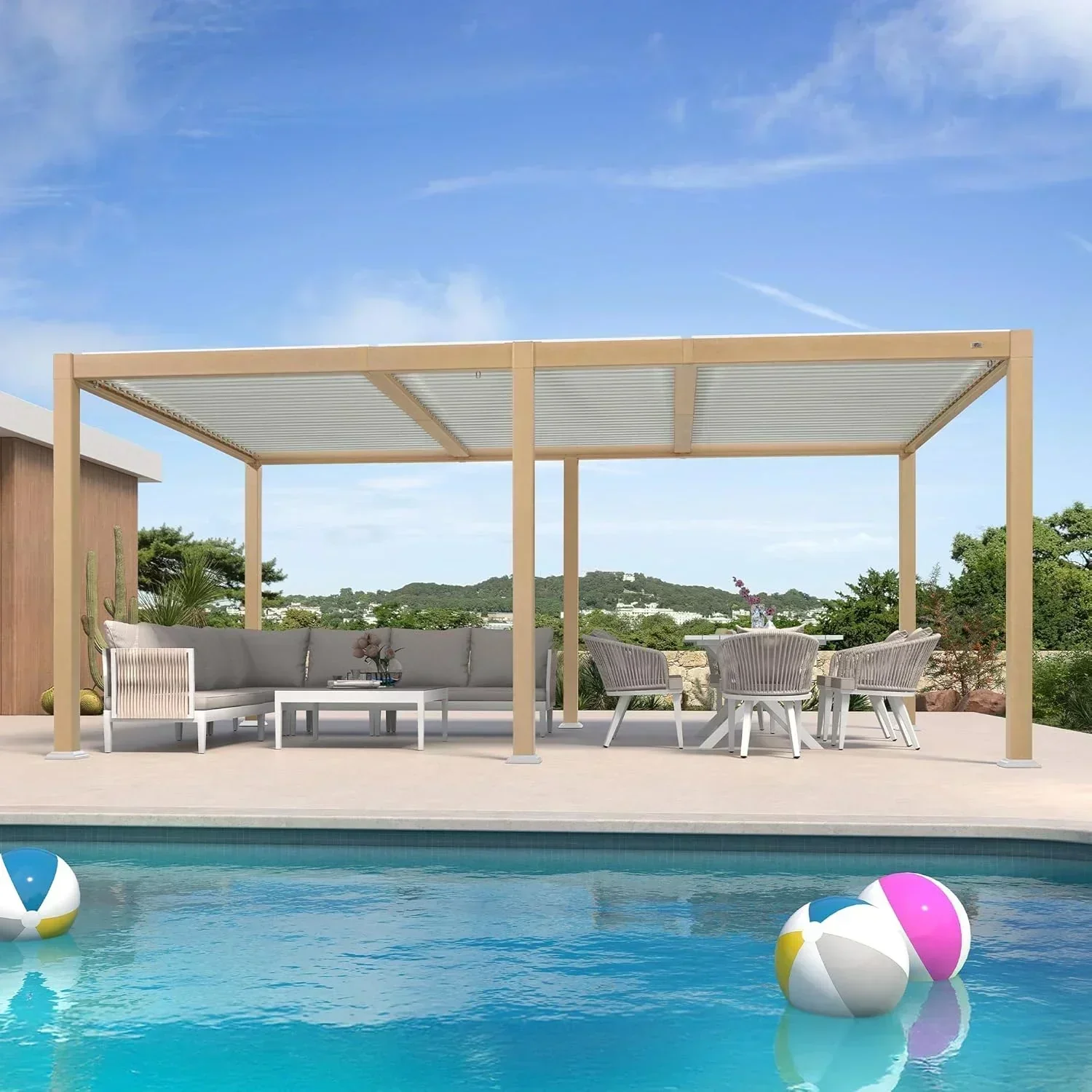 PURPLE LEAF Caesar Louvered Pergola Outdoor Wood Grain Aluminum Pergola with Adjustable Roof Patio Hardtop Gazebo for Backyard Garden - Image 11