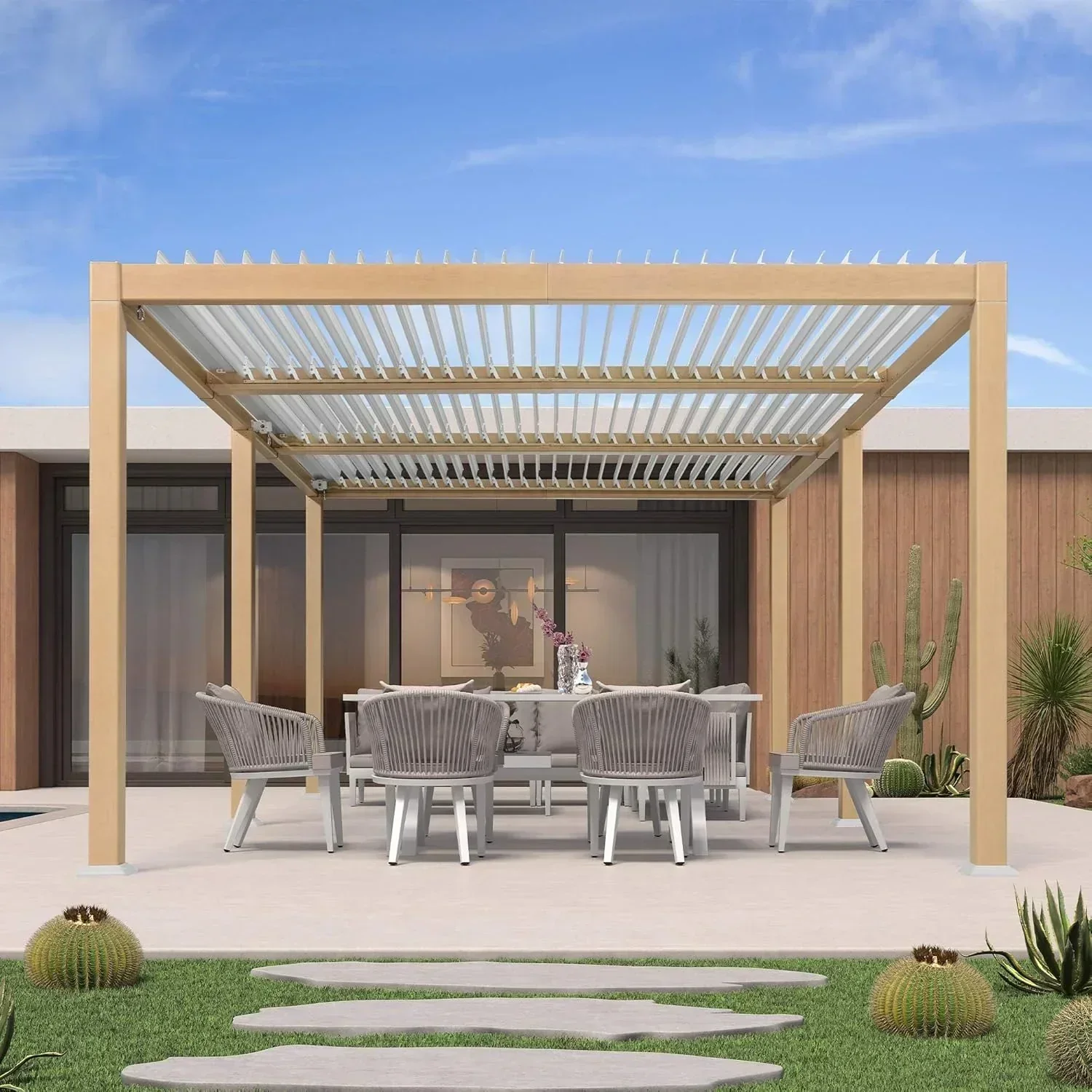 PURPLE LEAF Caesar Louvered Pergola Outdoor Wood Grain Aluminum Pergola with Adjustable Roof Patio Hardtop Gazebo for Backyard Garden - Image 12