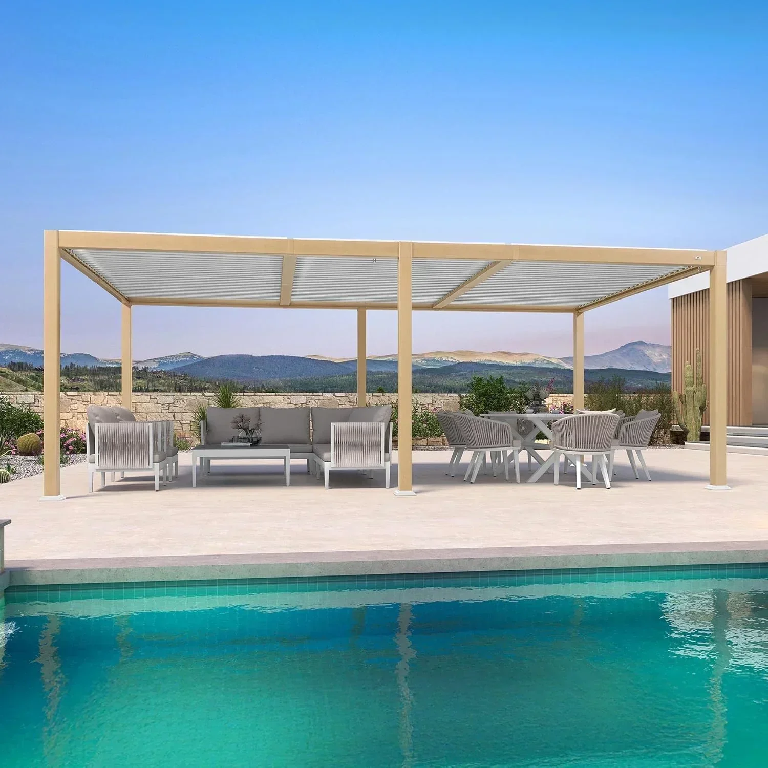 PURPLE LEAF Caesar Louvered Pergola Outdoor Wood Grain Aluminum Pergola with Adjustable Roof Patio Hardtop Gazebo for Backyard Garden - Image 13