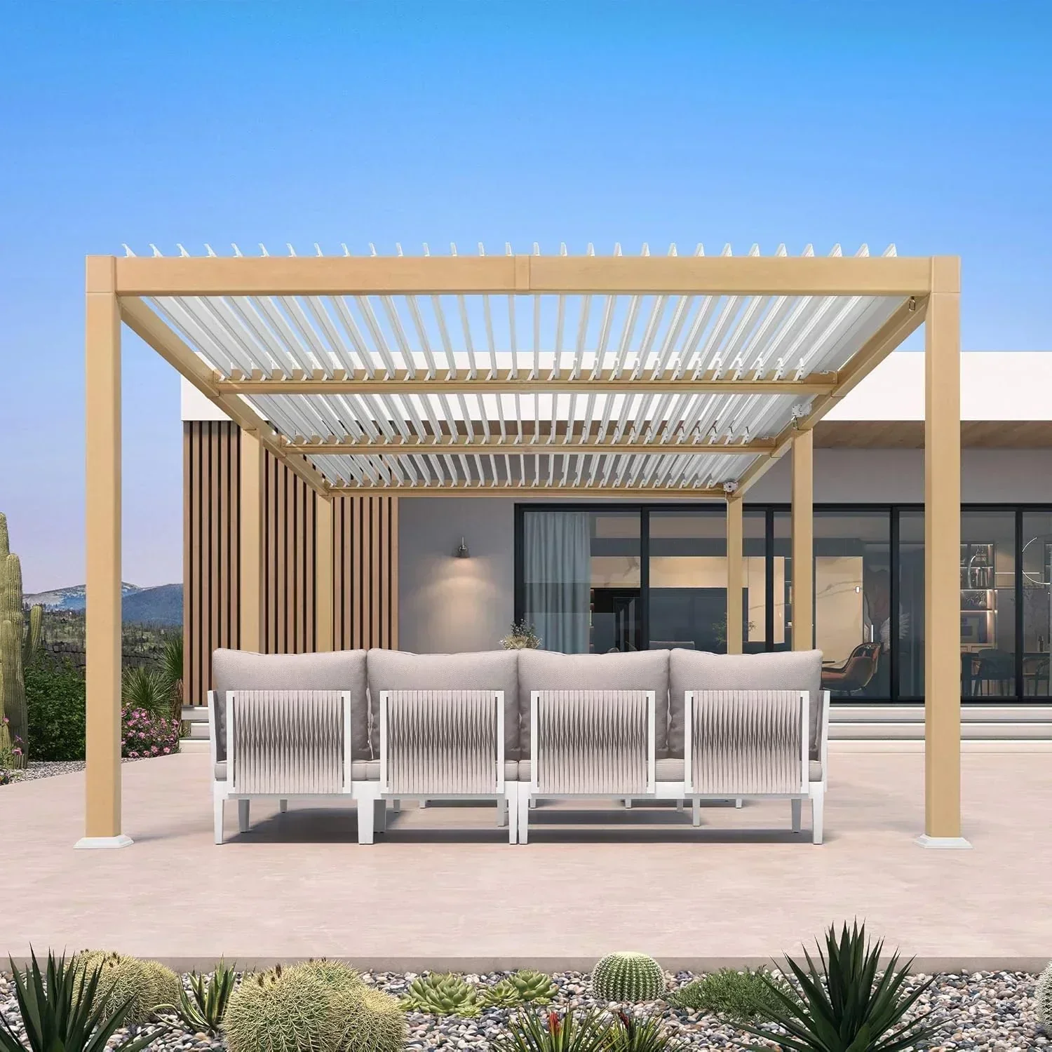 PURPLE LEAF Caesar Louvered Pergola Outdoor Wood Grain Aluminum Pergola with Adjustable Roof Patio Hardtop Gazebo for Backyard Garden - Image 14