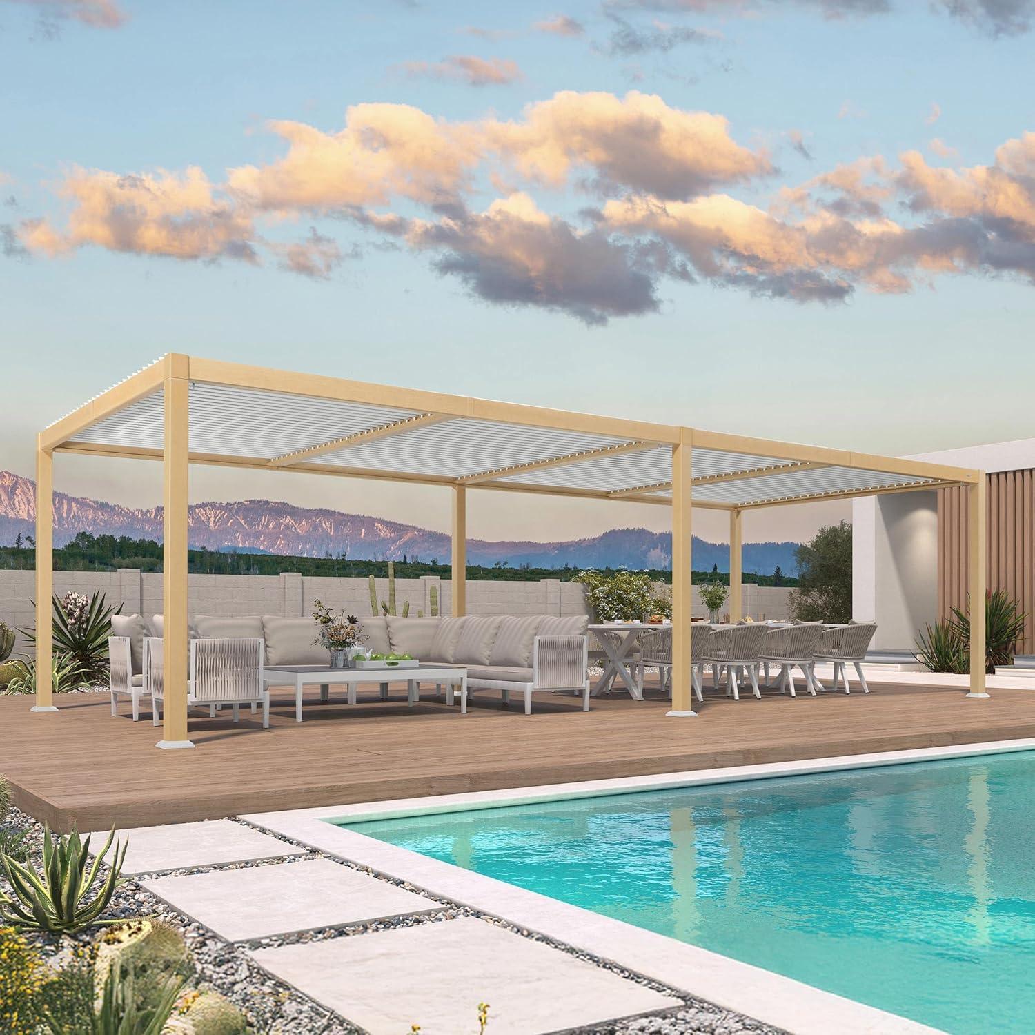 PURPLE LEAF Caesar Louvered Pergola Outdoor Wood Grain Aluminum Pergola with Adjustable Roof Patio Hardtop Gazebo for Backyard Garden - Image 15