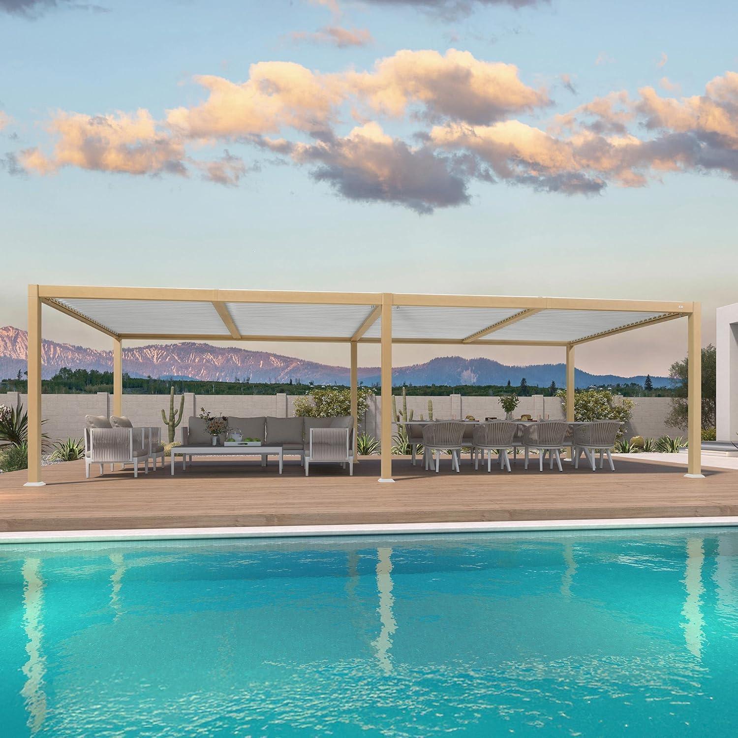 PURPLE LEAF Caesar Louvered Pergola Outdoor Wood Grain Aluminum Pergola with Adjustable Roof Patio Hardtop Gazebo for Backyard Garden - Image 16