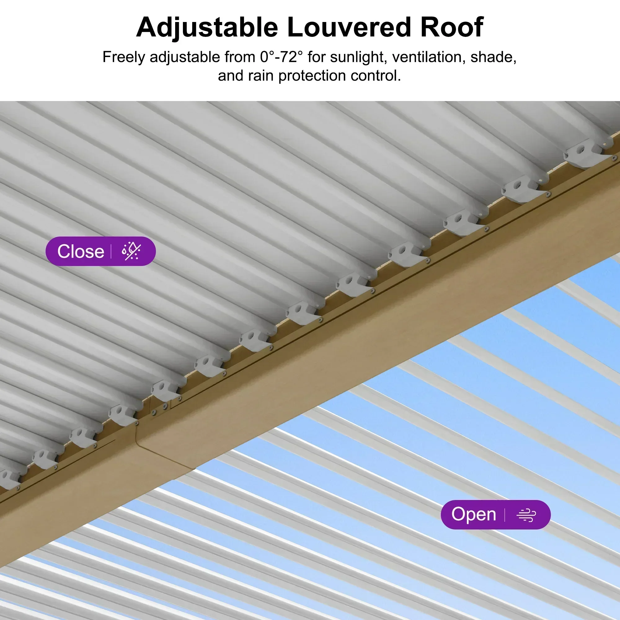 PURPLE LEAF Caesar Louvered Pergola Outdoor Wood Grain Aluminum Pergola with Adjustable Roof Patio Hardtop Gazebo for Backyard Garden - Image 20