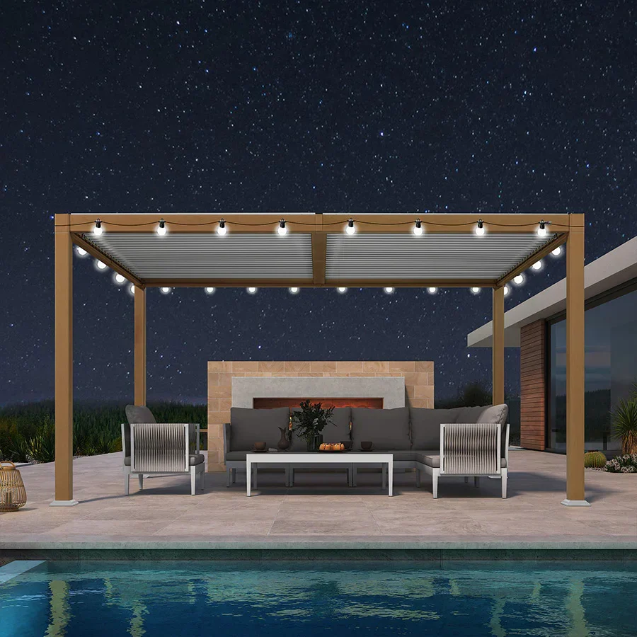 PURPLE LEAF Caesar Louvered Pergola Outdoor Wood Grain Aluminum Pergola with Adjustable Roof Patio Rainproof Hardtop Gazebo With Milky Lights - Image 22