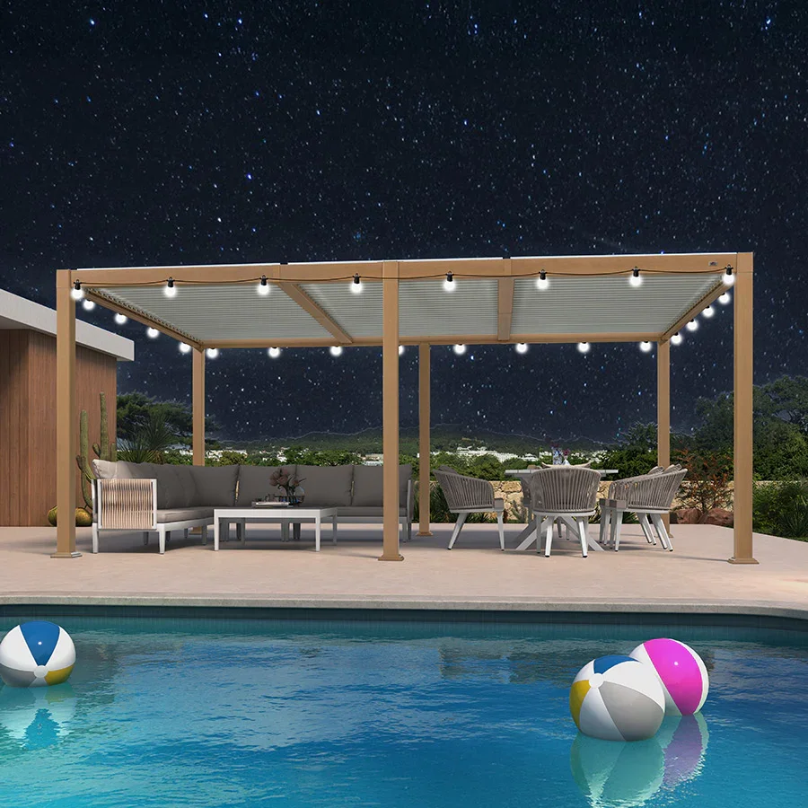 PURPLE LEAF Caesar Louvered Pergola Outdoor Wood Grain Aluminum Pergola with Adjustable Roof Patio Rainproof Hardtop Gazebo With Milky Lights - Image 23