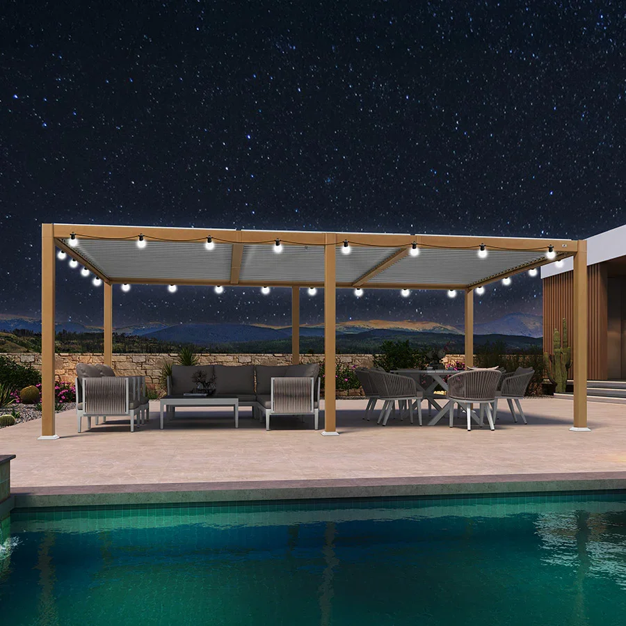 PURPLE LEAF Caesar Louvered Pergola Outdoor Wood Grain Aluminum Pergola with Adjustable Roof Patio Rainproof Hardtop Gazebo With Milky Lights - Image 24
