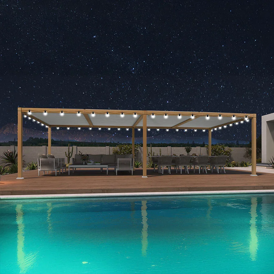 PURPLE LEAF Caesar Louvered Pergola Outdoor Wood Grain Aluminum Pergola with Adjustable Roof Patio Rainproof Hardtop Gazebo With Milky Lights - Image 25