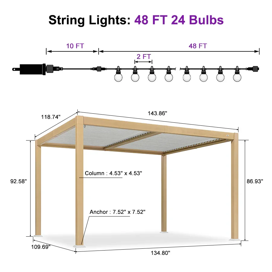 PURPLE LEAF Caesar Louvered Pergola Outdoor Wood Grain Aluminum Pergola with Adjustable Roof Patio Rainproof Hardtop Gazebo With Milky Lights - Image 26