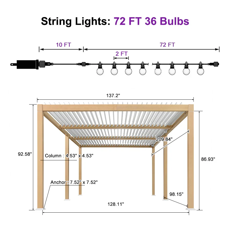 PURPLE LEAF Caesar Louvered Pergola Outdoor Wood Grain Aluminum Pergola with Adjustable Roof Patio Rainproof Hardtop Gazebo With Milky Lights - Image 28