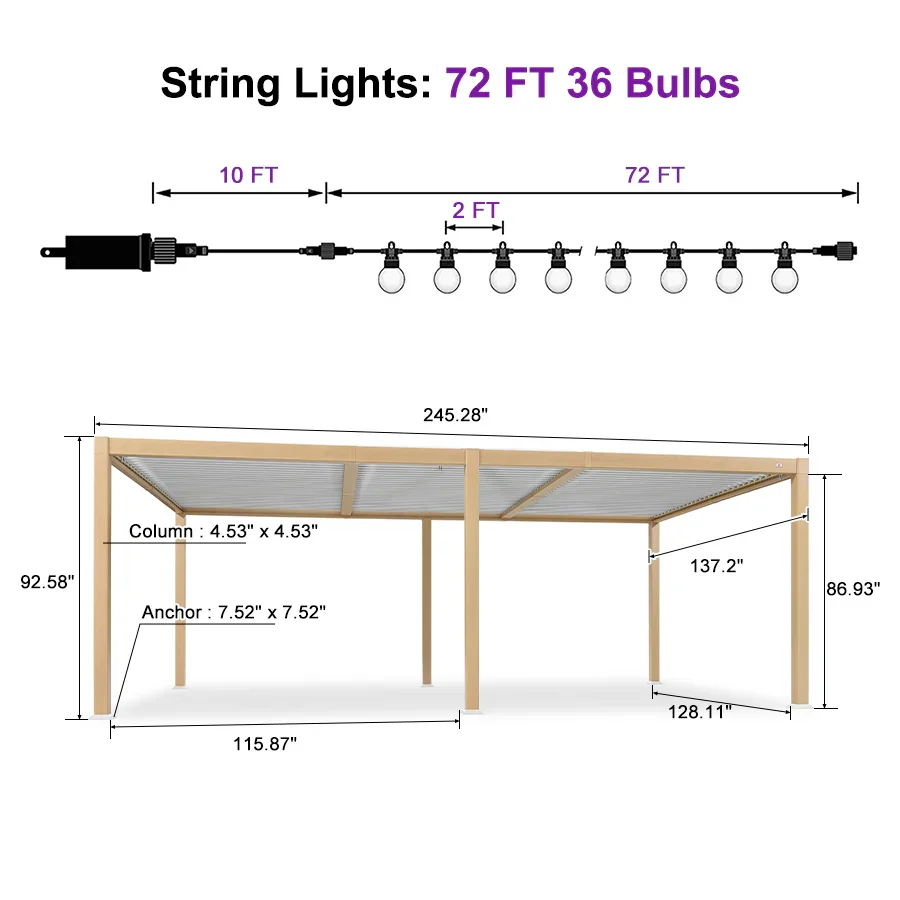 PURPLE LEAF Caesar Louvered Pergola Outdoor Wood Grain Aluminum Pergola with Adjustable Roof Patio Rainproof Hardtop Gazebo With Milky Lights - Image 29