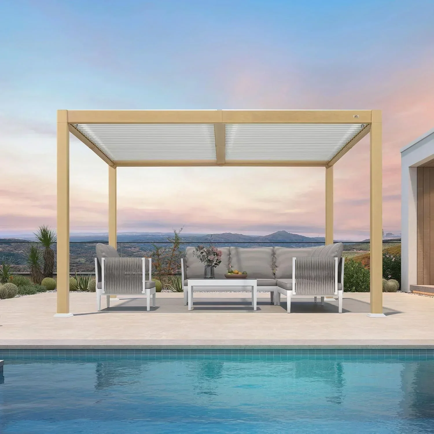 PURPLE LEAF Caesar Louvered Pergola Outdoor Wood Grain Aluminum Pergola with Adjustable Roof Patio Hardtop Gazebo for Backyard Garden - Image 3