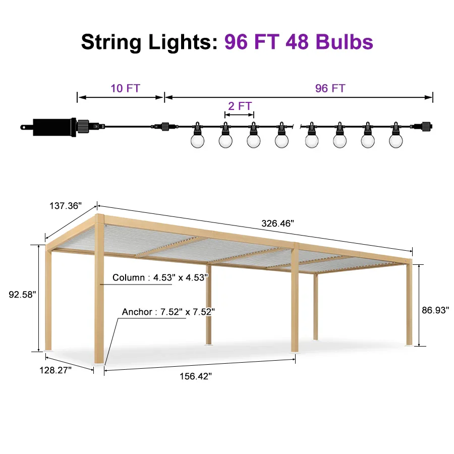 PURPLE LEAF Caesar Louvered Pergola Outdoor Wood Grain Aluminum Pergola with Adjustable Roof Patio Rainproof Hardtop Gazebo With Milky Lights - Image 30