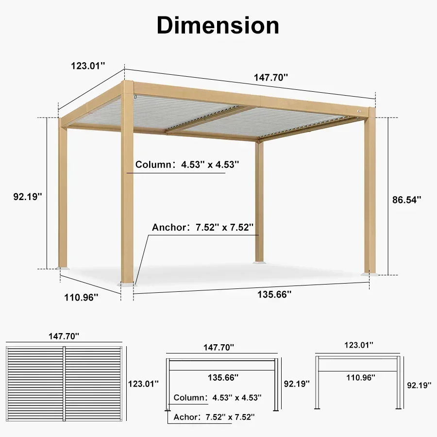 PURPLE LEAF Caesar Louvered Pergola Outdoor Wood Grain Aluminum Pergola with Adjustable Roof Patio Hardtop Gazebo for Backyard Garden - Image 26