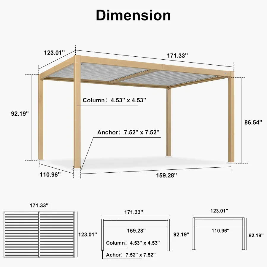 PURPLE LEAF Caesar Louvered Pergola Outdoor Wood Grain Aluminum Pergola with Adjustable Roof Patio Hardtop Gazebo for Backyard Garden - Image 27