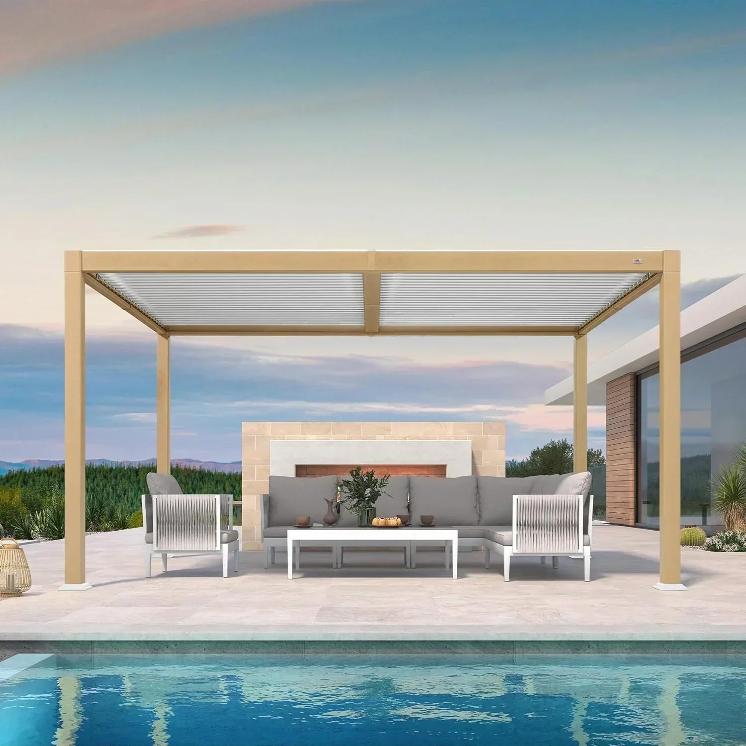 PURPLE LEAF Caesar Louvered Pergola Outdoor Wood Grain Aluminum Pergola with Adjustable Roof Patio Hardtop Gazebo for Backyard Garden - Image 9