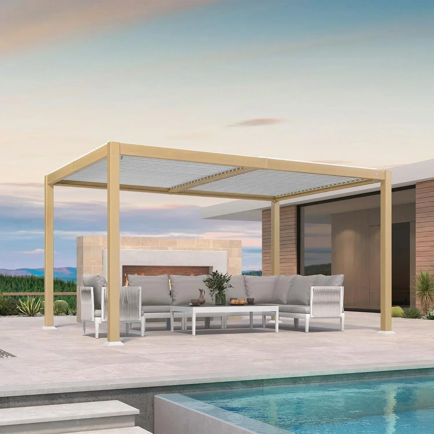 PURPLE LEAF Caesar Louvered Pergola Outdoor Wood Grain Aluminum Pergola with Adjustable Roof Patio Hardtop Gazebo for Backyard Garden - Image 10