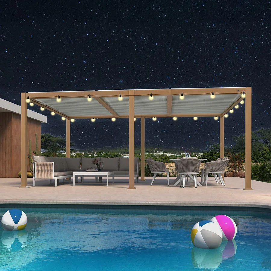 PURPLE LEAF Caesar Louvered Pergola Outdoor Wood Grain Aluminum Pergola with Adjustable Roof Patio Rainproof Hardtop Gazebo With Yellow Lights - Image 23