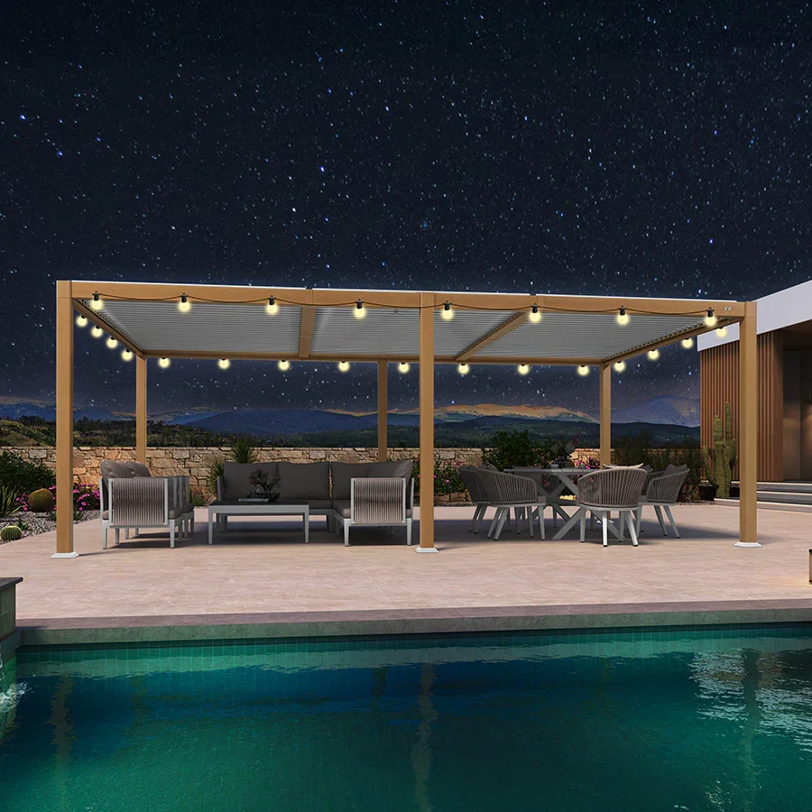 PURPLE LEAF Caesar Louvered Pergola Outdoor Wood Grain Aluminum Pergola with Adjustable Roof Patio Rainproof Hardtop Gazebo With Yellow Lights - Image 24