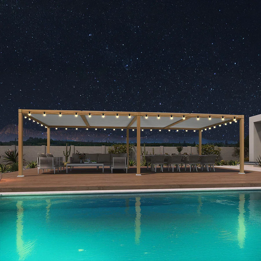 PURPLE LEAF Caesar Louvered Pergola Outdoor Wood Grain Aluminum Pergola with Adjustable Roof Patio Rainproof Hardtop Gazebo With Yellow Lights - Image 25