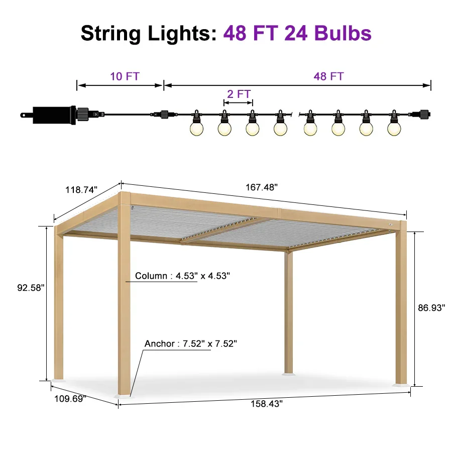 PURPLE LEAF Caesar Louvered Pergola Outdoor Wood Grain Aluminum Pergola with Adjustable Roof Patio Rainproof Hardtop Gazebo With Yellow Lights - Image 27