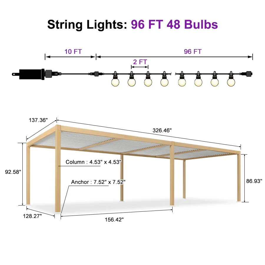 PURPLE LEAF Caesar Louvered Pergola Outdoor Wood Grain Aluminum Pergola with Adjustable Roof Patio Rainproof Hardtop Gazebo With Yellow Lights - Image 30