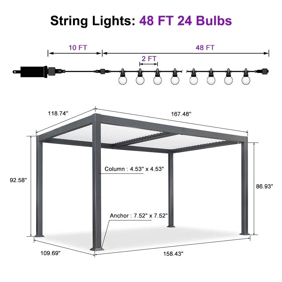 PURPLE LEAF Caesar Louvered Pergola with Milky String Lights Patio Aluminum Pergola with Independent Adjustable Rainproof Roof With Milky Lights - Image 56
