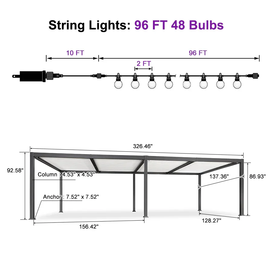 PURPLE LEAF Caesar Louvered Pergola with Milky String Lights Patio Aluminum Pergola with Independent Adjustable Rainproof Roof With Milky Lights - Image 57
