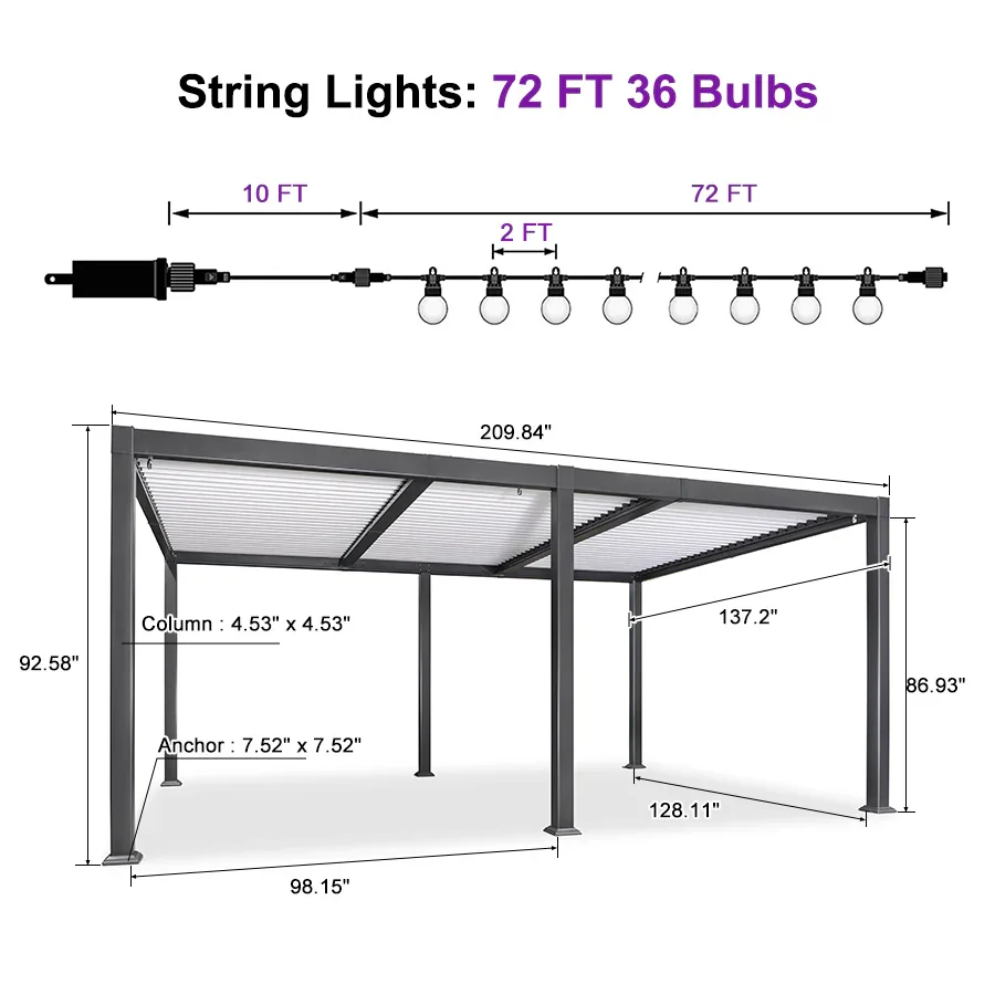PURPLE LEAF Caesar Louvered Pergola with Milky String Lights Patio Aluminum Pergola with Independent Adjustable Rainproof Roof With Milky Lights - Image 59