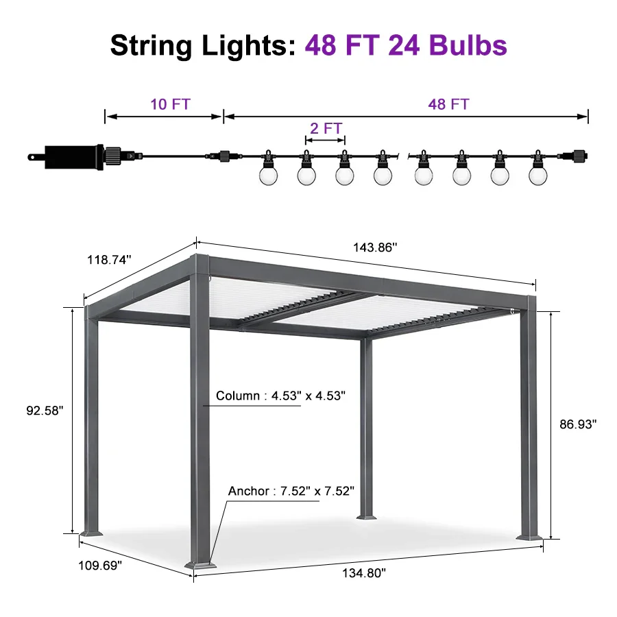 PURPLE LEAF Caesar Louvered Pergola with Milky String Lights Patio Aluminum Pergola with Independent Adjustable Rainproof Roof With Milky Lights - Image 60