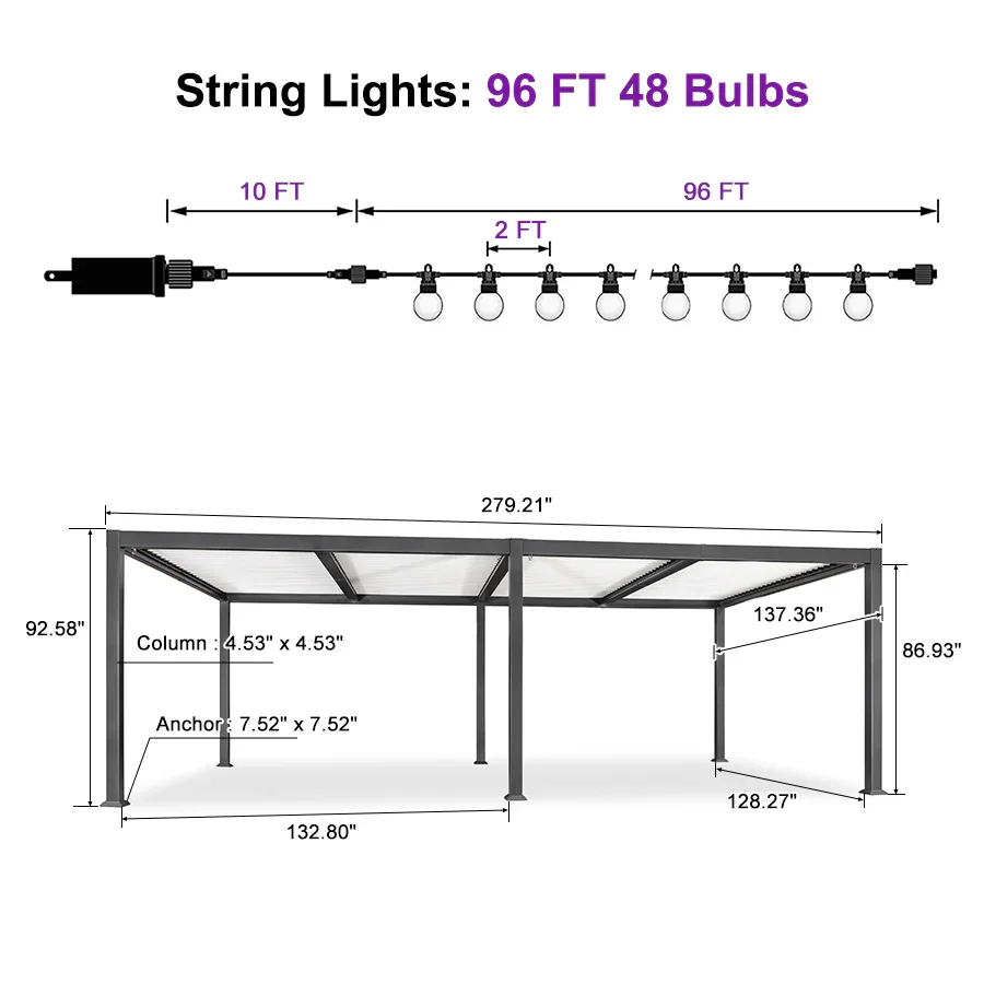 PURPLE LEAF Caesar Louvered Pergola with Milky String Lights Patio Aluminum Pergola with Independent Adjustable Rainproof Roof With Milky Lights - Image 61