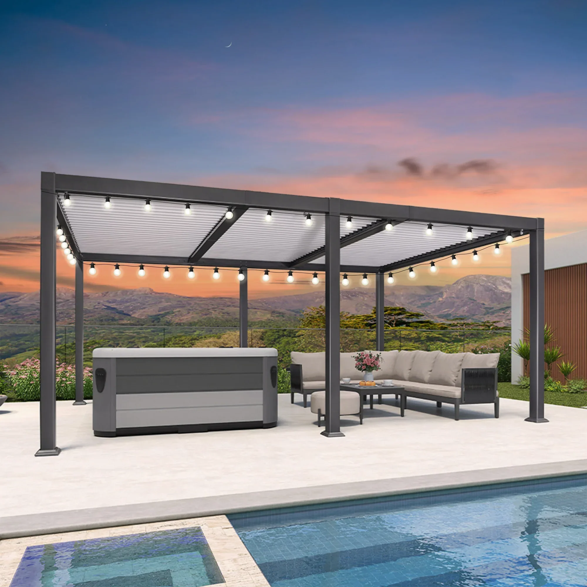 PURPLE LEAF Caesar Louvered Pergola with Milky String Lights Patio Aluminum Pergola with Independent Adjustable Rainproof Roof With Milky Lights - Image 62