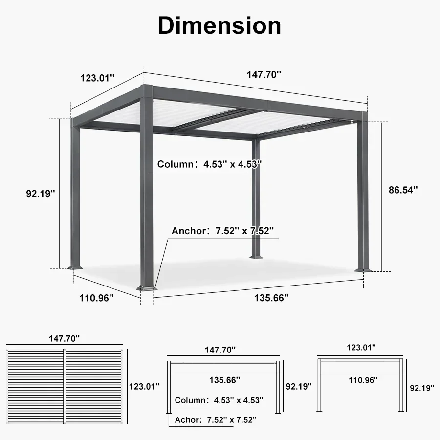 PURPLE LEAF Caesar Outdoor Louvered Pergola Patio Sun Shade Shelter with Adjustable Hardtop Patio Pergola Gray Frame White Roof - Image 62