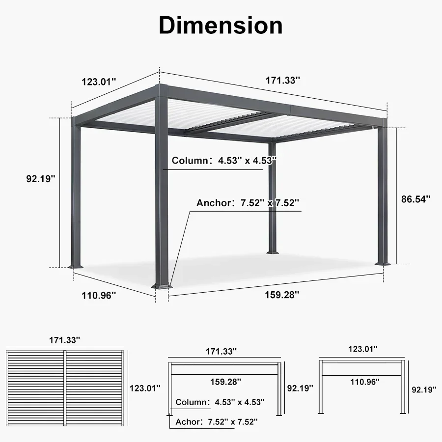PURPLE LEAF Caesar Outdoor Louvered Pergola Patio Sun Shade Shelter with Adjustable Hardtop Patio Pergola Gray Frame White Roof - Image 63