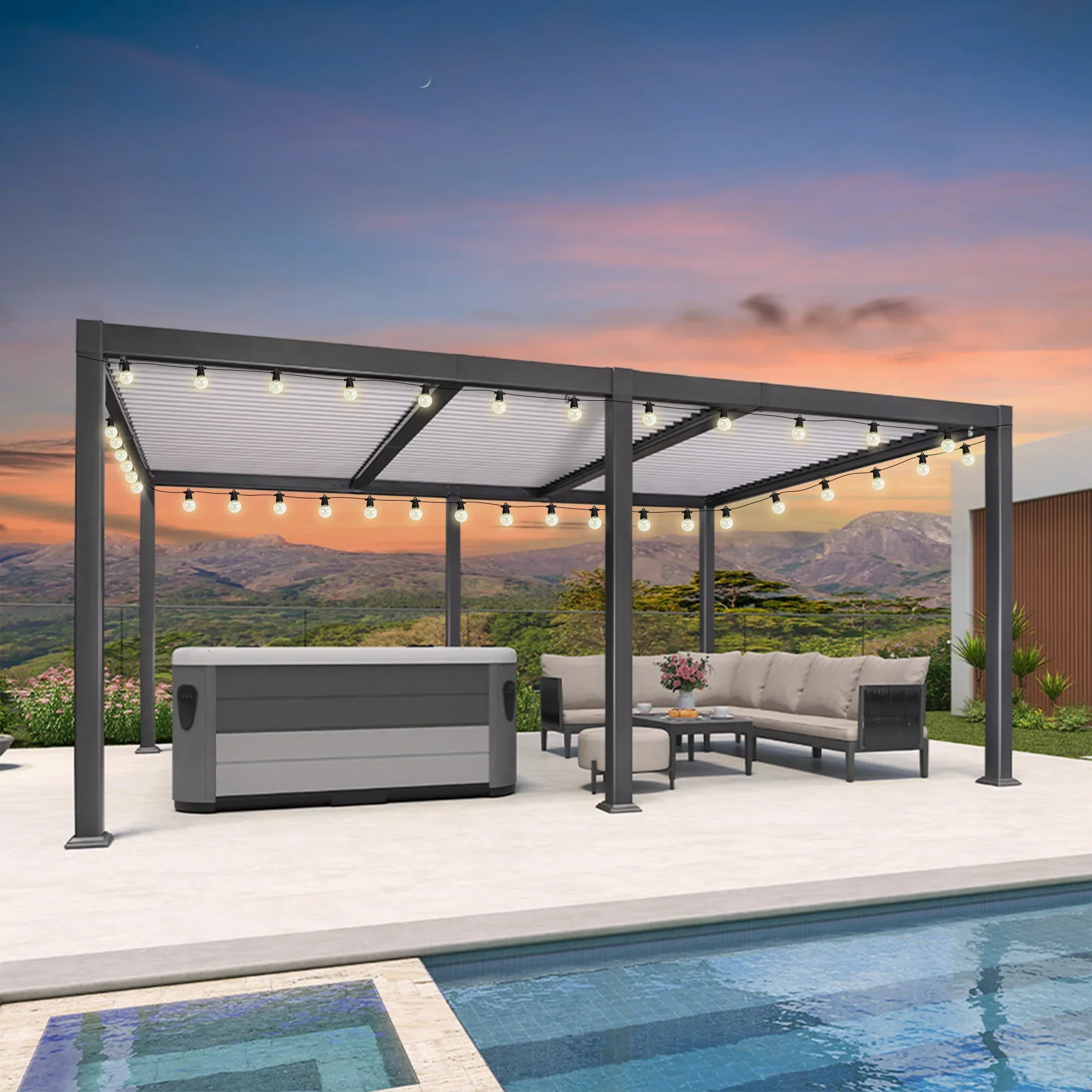 PURPLE LEAF Caesar Louvered Pergola with String Lights Patio Aluminum Pergola with Independent Adjustable Rainproof Roof With Yellow Lights - Image 28