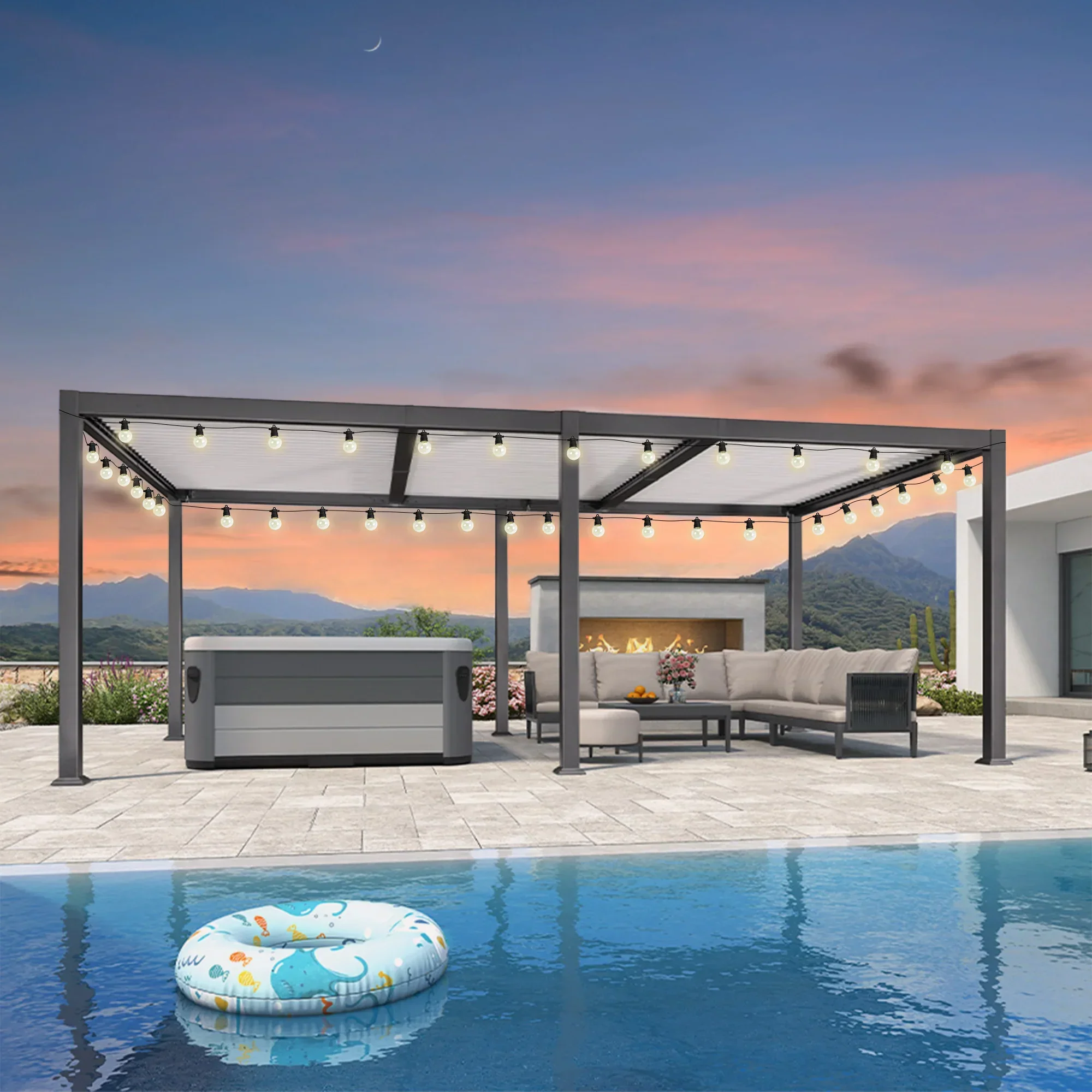 PURPLE LEAF Caesar Louvered Pergola with String Lights Patio Aluminum Pergola with Independent Adjustable Rainproof Roof With Yellow Lights - Image 29