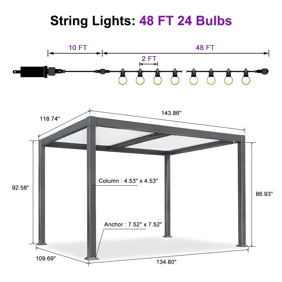 PURPLE LEAF Caesar Louvered Pergola with String Lights Patio Aluminum Pergola with Independent Adjustable Rainproof Roof With Yellow Lights - Image 34