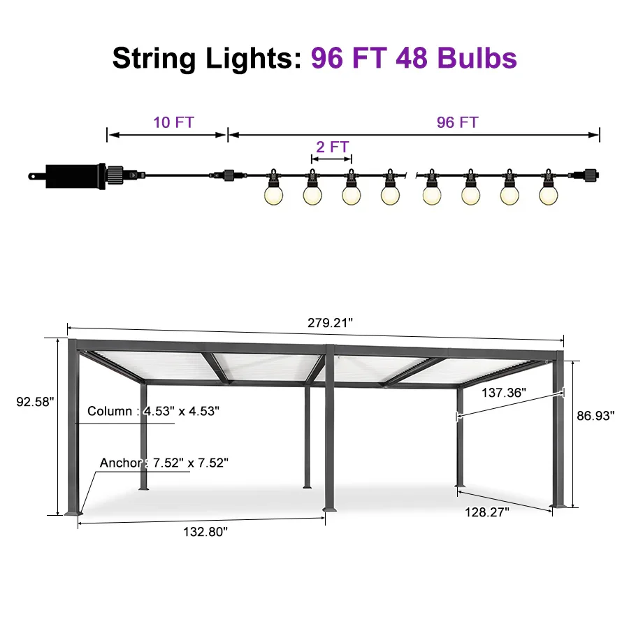 PURPLE LEAF Caesar Louvered Pergola with String Lights Patio Aluminum Pergola with Independent Adjustable Rainproof Roof With Yellow Lights - Image 35