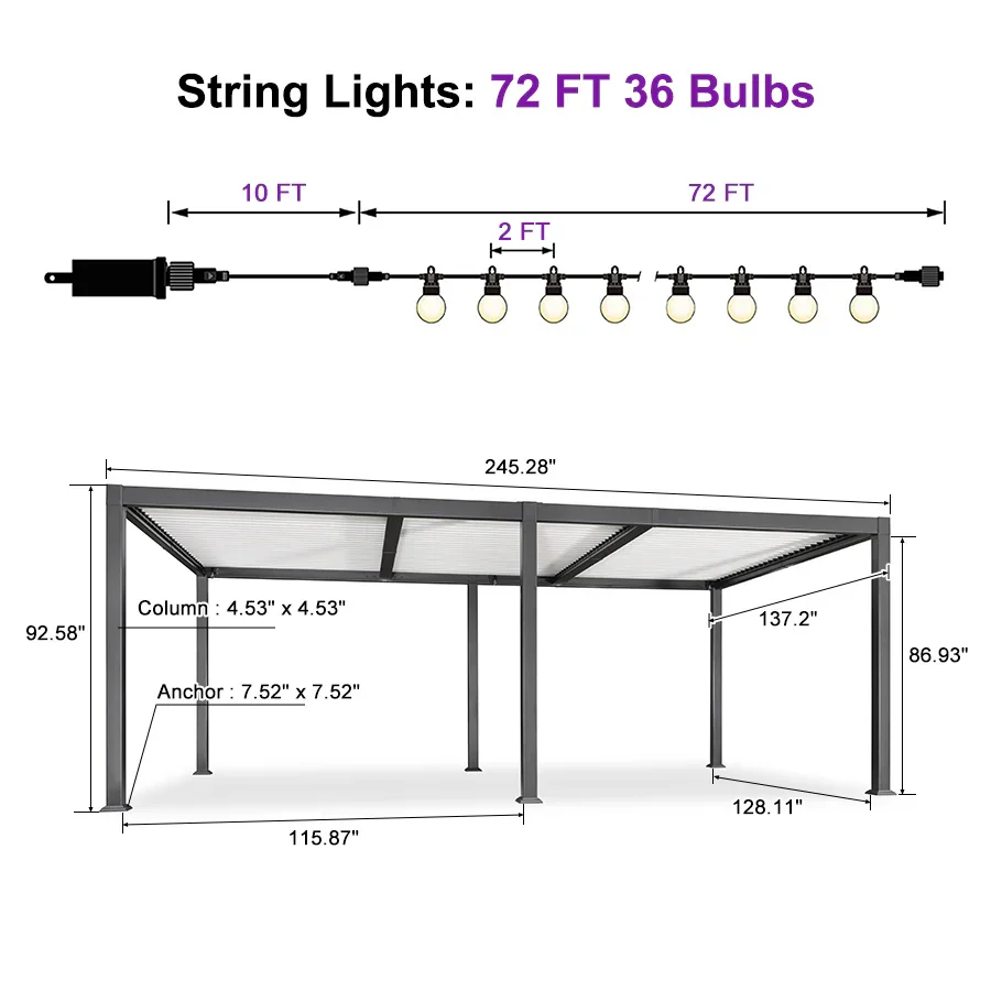 PURPLE LEAF Caesar Louvered Pergola with String Lights Patio Aluminum Pergola with Independent Adjustable Rainproof Roof With Yellow Lights - Image 37